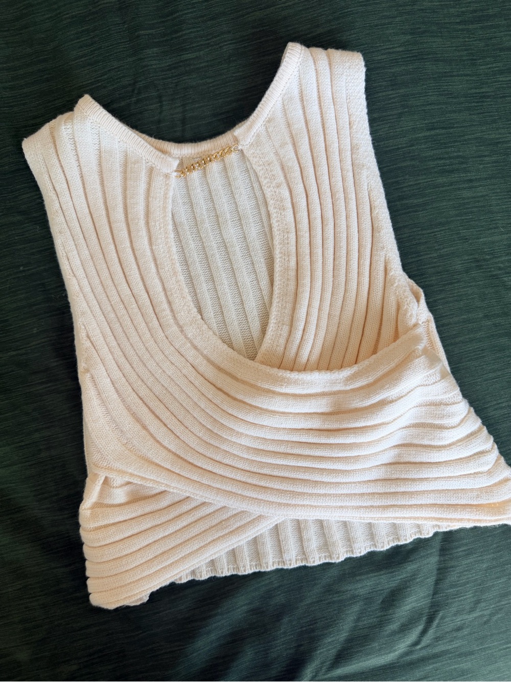 SHEIN Ribbed Knit Crop Top Cream Gold Chain Detail Size M